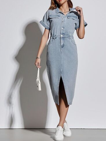 Fisoew Womens Denim Maxi Dress Casual Short Sleeve Collared Split Front Summer Jean Dresses in Saudi Arabia