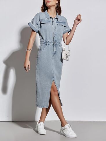 Fisoew Womens Denim Maxi Dress Casual Short Sleeve Collared Split Front Summer Jean Dresses in Saudi Arabia