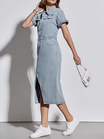 Fisoew Womens Denim Maxi Dress Casual Short Sleeve Collared Split Front Summer Jean Dresses in Saudi Arabia