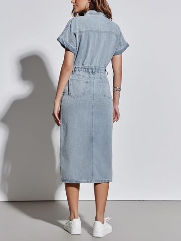 Fisoew Womens Denim Maxi Dress Casual Short Sleeve Collared Split Front Summer Jean Dresses in Saudi Arabia