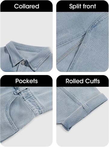 Fisoew Womens Denim Maxi Dress Casual Short Sleeve Collared Split Front Summer Jean Dresses in Saudi Arabia