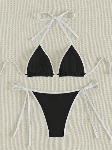 GORGLITTER Women's Color Block Swimsuit Tie Halter Bikini High Cut Bikini Set in Saudi Arabia