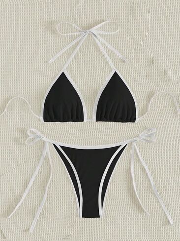 GORGLITTER Women's Color Block Swimsuit Tie Halter Bikini High Cut Bikini Set in Saudi Arabia