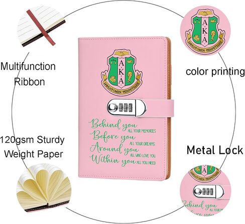 AKA Sorority Gift Leather Combination Lock Notebook for Women Girls Pink and Green Greek Sorority Journal Combination Lock Notebook Sisterhood Graduation Gift (behind you) in Saudi Arabia