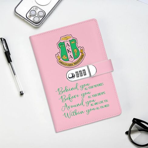 AKA Sorority Gift Leather Combination Lock Notebook for Women Girls Pink and Green Greek Sorority Journal Combination Lock Notebook Sisterhood Graduation Gift (behind you) in Saudi Arabia