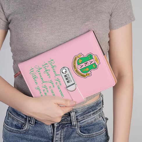 AKA Sorority Gift Leather Combination Lock Notebook for Women Girls Pink and Green Greek Sorority Journal Combination Lock Notebook Sisterhood Graduation Gift (behind you) in Saudi Arabia