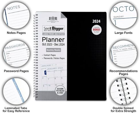 PlanAhead See IT Bigger October 2023 - December 2024 Monthly/Weekly Large Planner 8.5" x 11"(BLACK) in Saudi Arabia