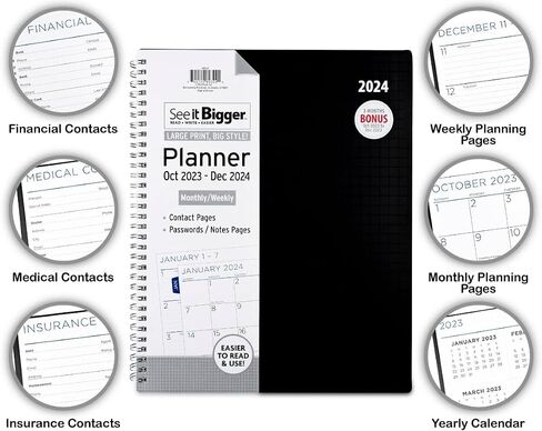 PlanAhead See IT Bigger October 2023 - December 2024 Monthly/Weekly Large Planner 8.5" x 11"(BLACK) in Saudi Arabia