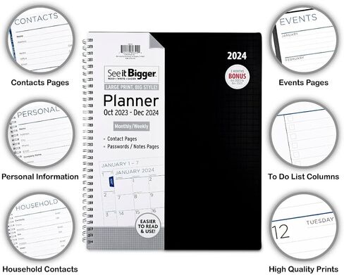 PlanAhead See IT Bigger October 2023 - December 2024 Monthly/Weekly Large Planner 8.5" x 11"(BLACK) in Saudi Arabia