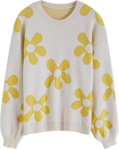 CHICWISH Women's Hot Pink/Nude Pink/Lilac/Cream Cuteness Flowers Boxy Round Neck Long Sleeves Knit SweaterKnit Sweater in Saudi Arabia