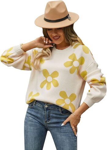 CHICWISH Women's Hot Pink/Nude Pink/Lilac/Cream Cuteness Flowers Boxy Round Neck Long Sleeves Knit SweaterKnit Sweater in Saudi Arabia