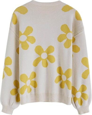 CHICWISH Women's Hot Pink/Nude Pink/Lilac/Cream Cuteness Flowers Boxy Round Neck Long Sleeves Knit SweaterKnit Sweater in Saudi Arabia