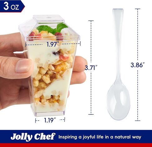 أكواب حلوى صغيرة من جولي تشيف 100 × 3 أونصة مع ملاعق وأغطية، كوب مقبلات بارفيه بلاستيكي شفاف طويل القامة، وعاء تقديم صغير لمقبلات حلويات الحفلات in Kuwait