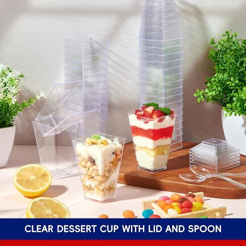 أكواب حلوى صغيرة من جولي تشيف 100 × 3 أونصة مع ملاعق وأغطية، كوب مقبلات بارفيه بلاستيكي شفاف طويل القامة، وعاء تقديم صغير لمقبلات حلويات الحفلات in Kuwait