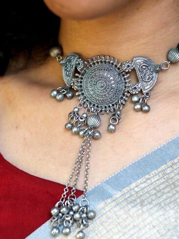 الهندي العتيقة الأفغاني الفضة المؤكسد البولندية Ghungroo أجراس بوهو الغجر بانجارا بيان شرابة المختنق الموضوع قلادة مجوهرات للنساء الفتيات in Kuwait