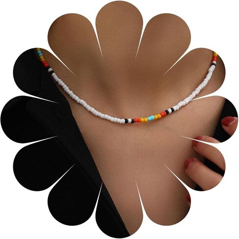 Vintage Colorful Seed Bead Necklace Black Seed Bead Choker Necklace Rainbow Bead Choker Necklace Colorful Rice Bead Necklace Jewelry for Women (Black) in Saudi Arabia