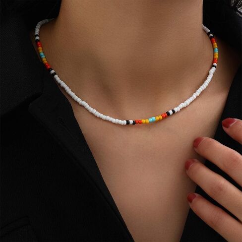Vintage Colorful Seed Bead Necklace Black Seed Bead Choker Necklace Rainbow Bead Choker Necklace Colorful Rice Bead Necklace Jewelry for Women (Black) in Saudi Arabia