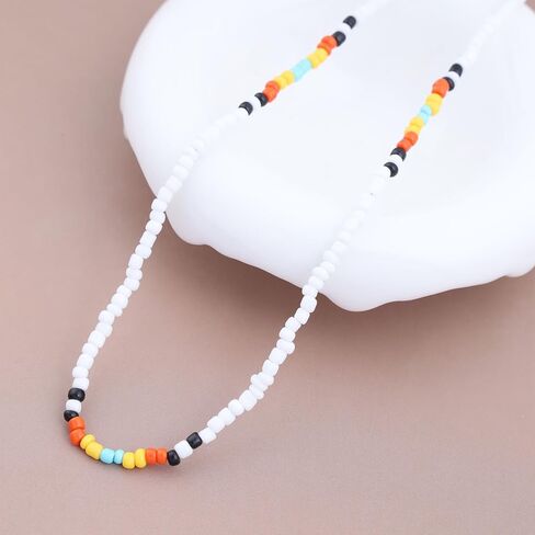 Vintage Colorful Seed Bead Necklace Black Seed Bead Choker Necklace Rainbow Bead Choker Necklace Colorful Rice Bead Necklace Jewelry for Women (Black) in Saudi Arabia