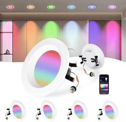 4 inch Smart LED Can Lights with Remote, RGB Color Changing LED Recessed Lighting, 13W 1050LM Bluetooth Baffle Trim Downlight, Compatible with Alexa, Google Home and Siri, 1 Pack in Saudi Arabia
