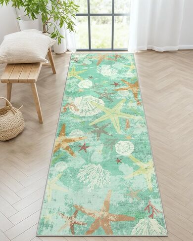 سجادة عداء الحمام الساحلية Wonnitar، 2x6 عداءات الشاطئ للممرات، عداء سجادة قابل للغسل غير قابل للانزلاق، سجادة سجاد نجم البحر بطول 6 أقدام لغسيل مدخل غرفة النوم، أزرق مائي in Kuwait