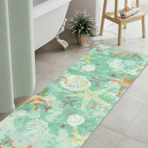 سجادة عداء الحمام الساحلية Wonnitar، 2x6 عداءات الشاطئ للممرات، عداء سجادة قابل للغسل غير قابل للانزلاق، سجادة سجاد نجم البحر بطول 6 أقدام لغسيل مدخل غرفة النوم، أزرق مائي in Kuwait
