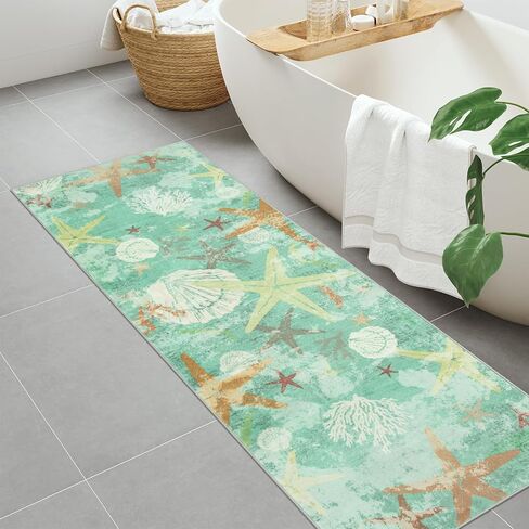 سجادة عداء الحمام الساحلية Wonnitar، 2x6 عداءات الشاطئ للممرات، عداء سجادة قابل للغسل غير قابل للانزلاق، سجادة سجاد نجم البحر بطول 6 أقدام لغسيل مدخل غرفة النوم، أزرق مائي in Kuwait