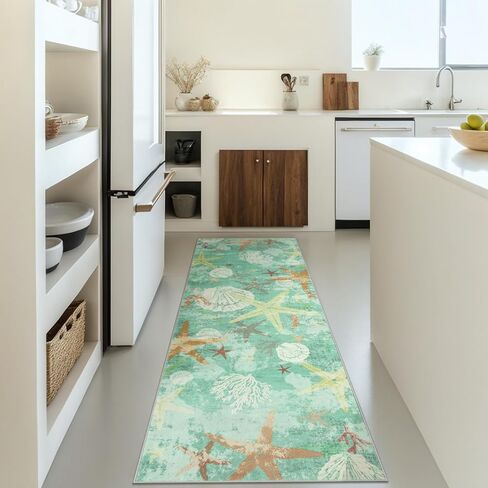 سجادة عداء الحمام الساحلية Wonnitar، 2x6 عداءات الشاطئ للممرات، عداء سجادة قابل للغسل غير قابل للانزلاق، سجادة سجاد نجم البحر بطول 6 أقدام لغسيل مدخل غرفة النوم، أزرق مائي in Kuwait