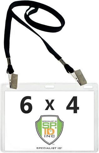 10 Pack - 6x4 Badge Holder Horizontal Name Tag Holder & Lanyard with 2 Clips - Extra Large Clear Vinyl Plastic Horizontal 4x6 Badge Holder Sleeve & Premium Lanyards by Specialist ID (Black) in Saudi Arabia