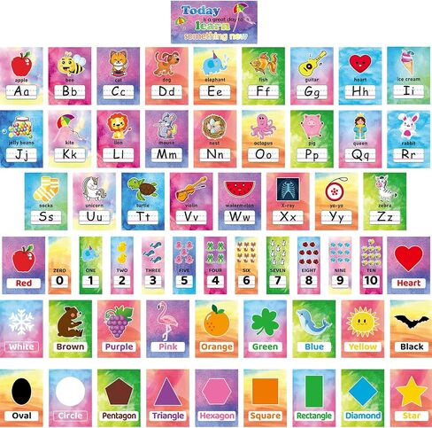 58 Pieces Educational Preschool Cards Kids Early Learning Poster Alphabet Number Colors and Shapes Bulletin Board Decoration Kindergarten Classroom Learning Card with Glue Point Dot (Fresh Style) in Saudi Arabia