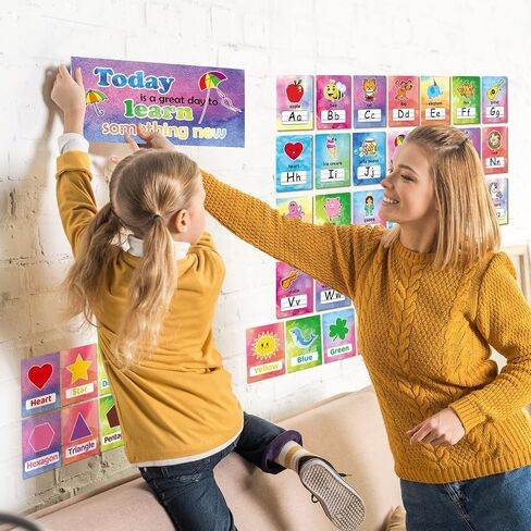 58 Pieces Educational Preschool Cards Kids Early Learning Poster Alphabet Number Colors and Shapes Bulletin Board Decoration Kindergarten Classroom Learning Card with Glue Point Dot (Fresh Style) in Saudi Arabia