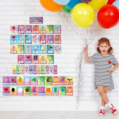 58 Pieces Educational Preschool Cards Kids Early Learning Poster Alphabet Number Colors and Shapes Bulletin Board Decoration Kindergarten Classroom Learning Card with Glue Point Dot (Fresh Style) in Saudi Arabia