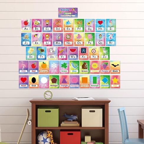 58 Pieces Educational Preschool Cards Kids Early Learning Poster Alphabet Number Colors and Shapes Bulletin Board Decoration Kindergarten Classroom Learning Card with Glue Point Dot (Fresh Style) in Saudi Arabia