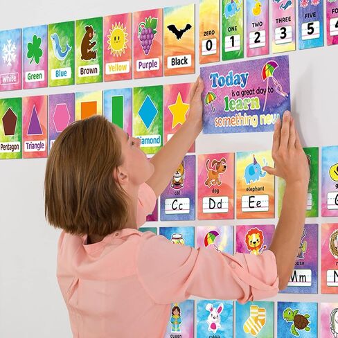 58 Pieces Educational Preschool Cards Kids Early Learning Poster Alphabet Number Colors and Shapes Bulletin Board Decoration Kindergarten Classroom Learning Card with Glue Point Dot (Fresh Style) in Saudi Arabia
