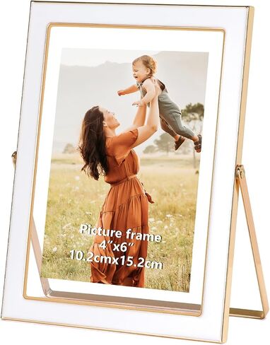 3.5x5 Floating Picture Frame, White Photo Frame with Gold Metal Edging for 2x3, 3.5x5 up to 4x6 Picture, Tempered Glass Frame for Desk Vertical Display in Saudi Arabia