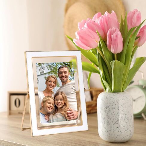 3.5x5 Floating Picture Frame, White Photo Frame with Gold Metal Edging for 2x3, 3.5x5 up to 4x6 Picture, Tempered Glass Frame for Desk Vertical Display in Saudi Arabia