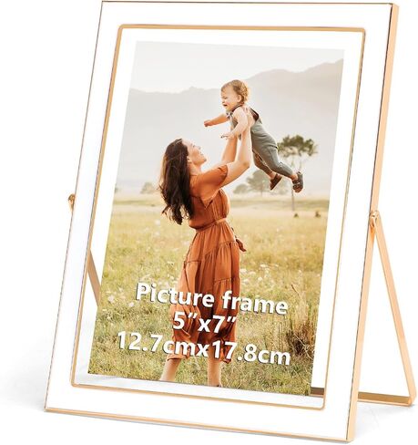 3.5x5 Floating Picture Frame, White Photo Frame with Gold Metal Edging for 2x3, 3.5x5 up to 4x6 Picture, Tempered Glass Frame for Desk Vertical Display in Saudi Arabia