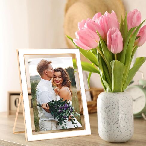 3.5x5 Floating Picture Frame, White Photo Frame with Gold Metal Edging for 2x3, 3.5x5 up to 4x6 Picture, Tempered Glass Frame for Desk Vertical Display in Saudi Arabia