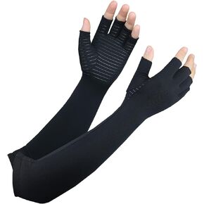 Copper Long Arthritis Gloves,Long Wrist Compression Arm Sleeve Carpal Tunnel Gloves, Fingerless Hand Compression Gloves for Men Women Computer Typing, RSI, Support Hands Wrist &Arms - 1 PAIR (Medium)