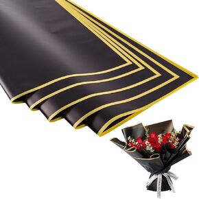 Lyforpyton 20 Sheets Gold Edge Flower Wrapping Paper Waterproof Floral Bouquet Wrapping Paper Engagement Wedding DIY Crafts Gift (Black)