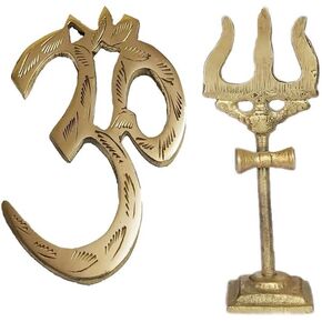 PARIJAT HANDICRAFT Set of 2 brass om and trishool trishul Decorative Spiritual Vastu Items Brass Indian Hindu Religious Wall Home Decor Kitchen Pooja Mandir Temple Hanging Good Luck Showpiece