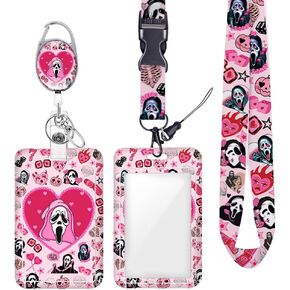 Funny Ghosts Face ID Badge Holder with Lanyard Retractable Badge Reel Horror Movie Gifts Lanyards for ID Badges Vertical ID Protector Badge Clip for Women Men Coworker Employee Staff Halloween 02