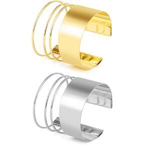 2 Pcs Cuff Bangle Bracelet - Armband Cuff Bangle Bracelet Set Open Wide Wire Bracelets Gold Wrist Cuff Wrap Bracelet Adjustable Gold Sliver Plated Arm Bangle for Women
