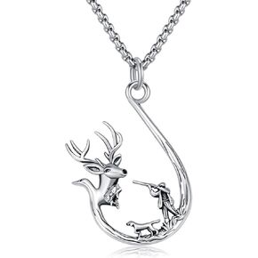 Hunting Men Necklace Fish Hook Deer Flying Mallard Duck Necklace 925 Sterling Silver Deer Fish Labrador Dog Pendant Hunting Jewelry Gifts for Men