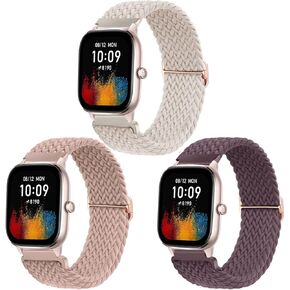 3 Pack Braided Stretchy Solo Loop Watch Bands for Amazfit GTS/GTS 2/GTS 2e/GTS 2 Mini/GTS 3/GTS 4 Mini/GTS 4/GTR Mini, Elastic Nylon Strap for Bip 3/Bip 3 Pro/Bip U Pro/Bip Lite Women Men