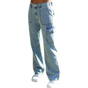 chouyatou Women's Boyfriend Multi-Pocket Cargo Jeans Y2K Streetwear Wide Leg Washed Denim Pants