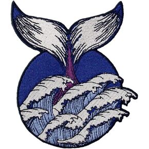 Whale Tail in The Wave Patch Embroidered Applique Badge Iron On Sew On Emblem
