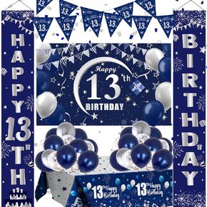 13th Birthday Decorations for Boys and Girls Blue, Happy 13th Birthday Door Backdrop Banner Balloons 13 Years Old Birthday Porch Sign Party Supplies with Latex Balloons Decor 13th Bday Boy Her Him