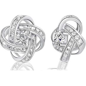 18K White Gold Plated Love Knot Stud Earrings for Women, Classic Cubic Zirconia Flower Cluster Earrings