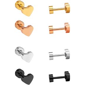 18G Heart Love Screw Back Small Stud Earrings for Women Minimalist Surgical Steel Silver Gold Black Rose Gold Plated Cartilage Tragus Piercing Sleeper Little Studs Hypoallergenic Gift 4 Pairs Set