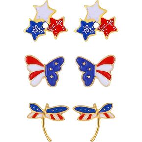 American Flag Stud Earrings for Women, 3 Pairs Gold Earrings Small Cute Star Butterfly Dragonfly Independence Day Earrings 4th of July Earrings Patriotic Earrings Gifts